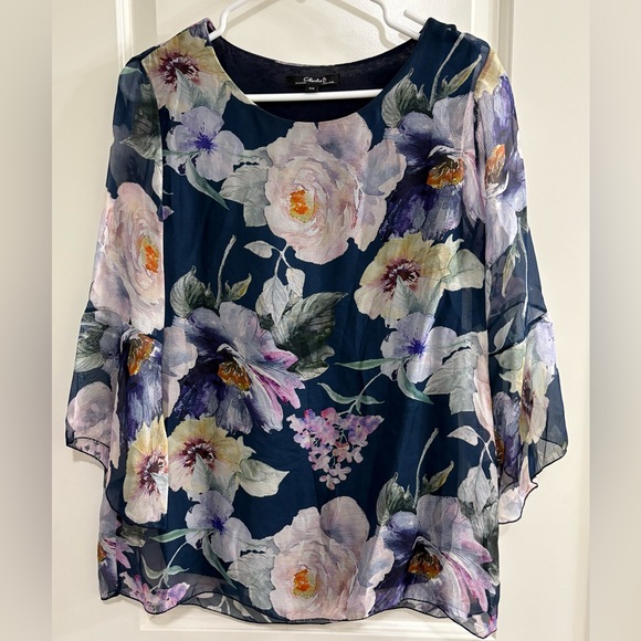 CHARLIE B Tops - CHARLIE B Navy Floral Spring Sheer Chiffon Bell Sleeves Women’s Blouse